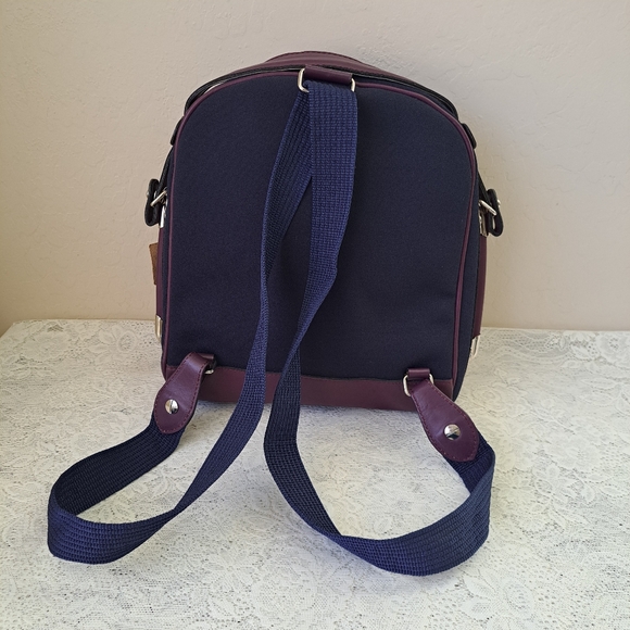 Small Canvas & Leather Backpack Navy and Plum with Silver Hardware Bee Accent - Picture 6 of 14